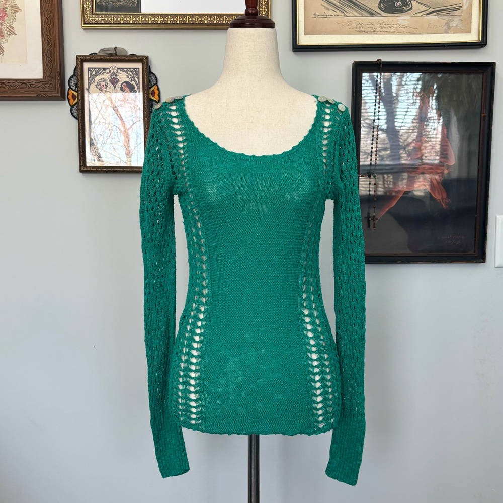 Lucky Brand Green Open Knit Top XSmall Boho Gyaru Y2K Fairy Grunge